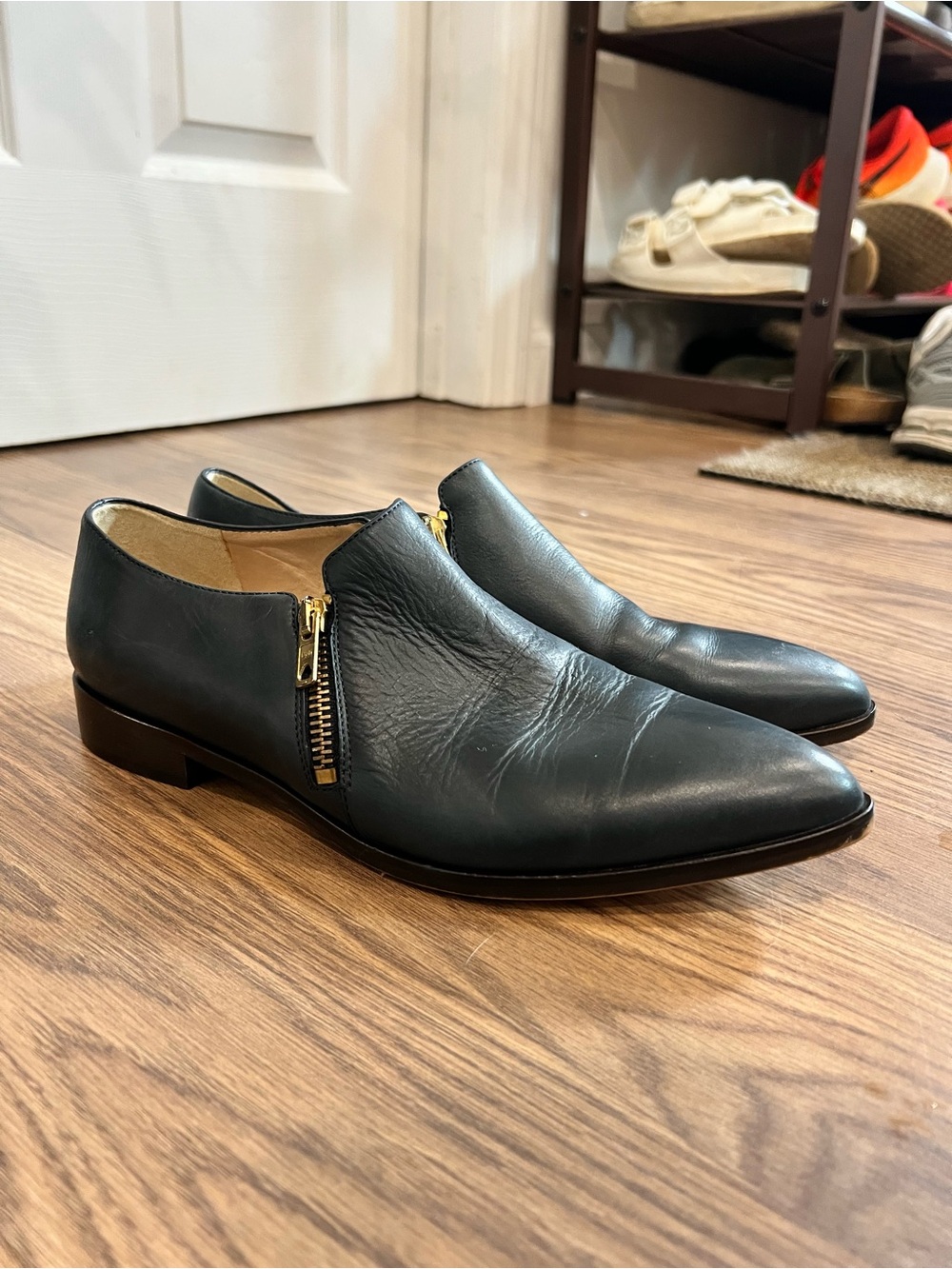 J.Crew Made in Italy Navy Double Zip Leather Pointed Toe Loafers Size 8